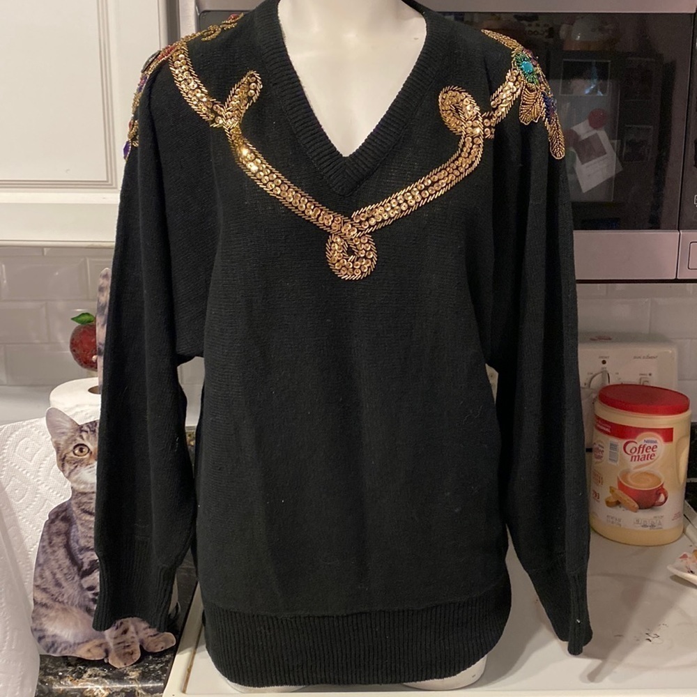r womens SML black long sleeve bling reg size pullover sweater L